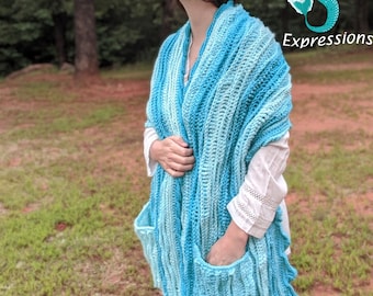 Crocheted Sea Breeze Pocket Shawl Long in Aqua Seas, Women Shawl, Sea Breeze Collection, Mermaid Fashion, Unique Gifts, Wave Shawl, Ocean