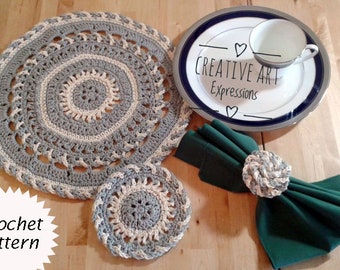 Round Place Mat Set Crochet Pattern, Crocheted Coaster Pattern, Crocheted Rose Napking Ring Crochet Pattern,PDF Downloadable Pattern,Elegant