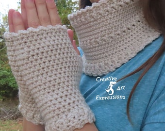 Crocheted Off White Linen Infinity Scarf  Fingerless Glove Set, Adult Teen, Autumn Glove  Scarf Set, Unique, Women Gifts