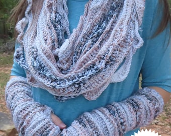 Sea Breeze Infinity Scarf Fingerless Gloves Crochet Patterns Adult Teen Downloadable Pattern, Video Tutorials, Ocean Crochet, Wave Scarf