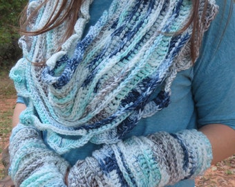 Crocheted Sea Breeze Infinity Scarf  Fingerless Gloves Adult Teen Set, White, Aqua, Navy, Gray, Sea Breeze Collection, Unique Gifts, Handmad