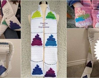 Toilet Paper Unicorn Poo Emoji Pocket Scarf with Pockets 3 sizes 2 styles Crochet Pattern