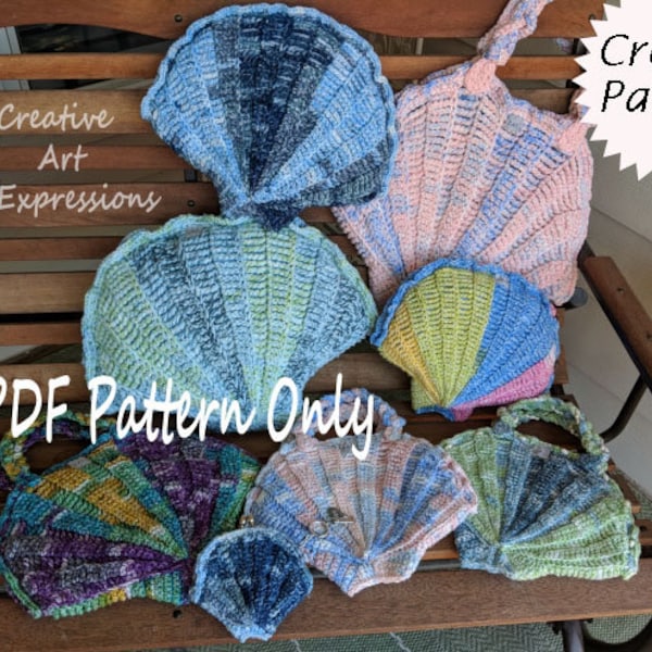 Seashell Purse Pillow Coin Purse Beach Bag Collection Crochet Pattern Video tutorials Pdf downloadable pattern Mermaid at Heart