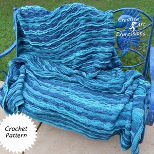 Virkmönster för filt i Sea Breeze, storlekar Twin, Full, Double, Queen, King, Nedladdningsbart mönster, videohandledningar, Vågfilt,