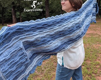 Crocheted Sea Breeze Pocket Shawl Long in Sapphire Seas, Shades of Blue Women Shawl, Sea Breeze Collection, Mermaid Fashion, Unique Gifts,