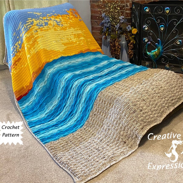 Sand Sea Sky Beach Blanket Crochet Pattern Ocean Crochet Wave Afghan Twin Full Queen King  Mermaid at Heart Beach Blanket Video Tutorials