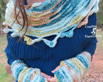 Crocheted Sea Breeze Infinity Scarf  Fingerless Gloves Adult Teen Set Teal Sunset, Teal, Orange, Yellow, Light Blue, White, Unique Gift