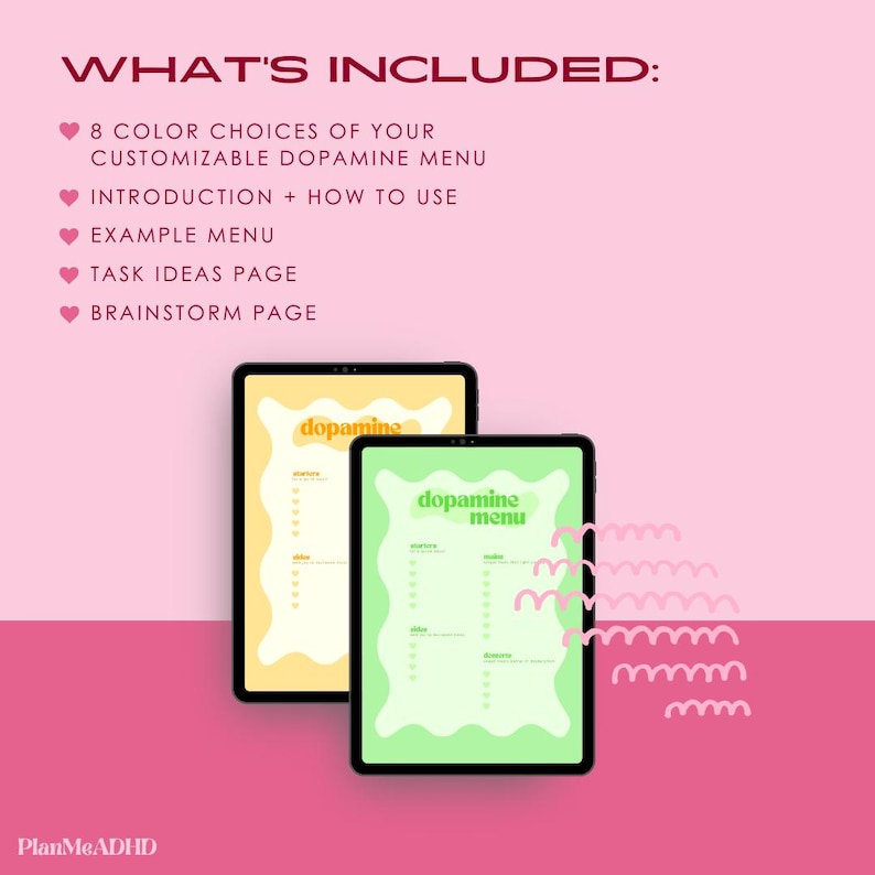 May include: Two digital planners on tablet screens with a light yellow and light green background. The planners are titled "Dopamine Menu" and have a list of activities to choose from.