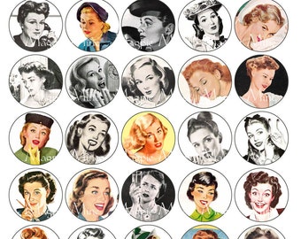 Mid Century Circles - Glamorous Women Digital Collage Sheet - 1.5 Inch Circles - Instant Download