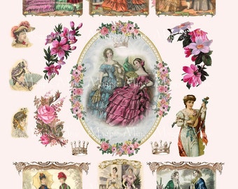 Victorian Women and Fashion Digital Collage Sheet - Instant Download - Vintage Roses - Ornate Romantic Antique Images - Download - Printable