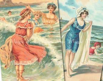 Vintage Beach Beauties Printable Collage Sheet - 2 x 3 Inch Rectangles - Instant Digital Download