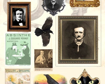 Edgar Allan Poe Digital Collage Sheet - Instant Download - Halloween - Portraits, Raven, Black Cat - Printable