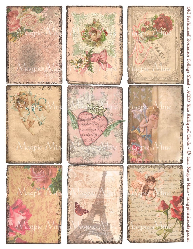 Old Fashioned Romance Digital Collage Sheet ACEO Sized Antiqued Grungy Images Instant Download Printable image 1