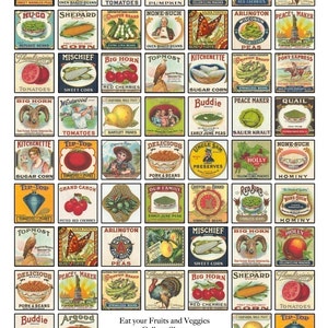 Collage Sheet Eat Your Fruits and Veggies Vintage Vegetable Labels One Inch Squares Instant Download Printable image 2