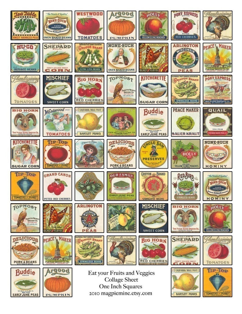 Collage Sheet Eat Your Fruits and Veggies Vintage Vegetable Labels One Inch Squares Instant Download Printable image 2