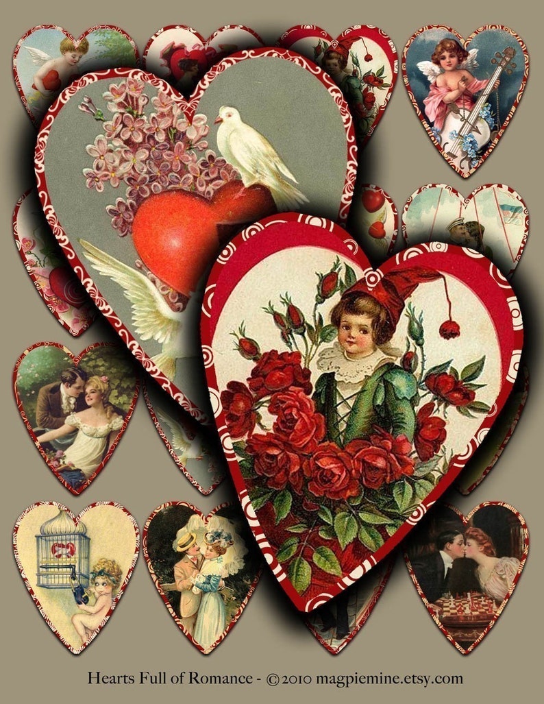 Hearts Full of Romance Digital Collage Sheet Instant Download From Vintage Valentines Download 2 x 2.5 Inch Hearts Printable image 1