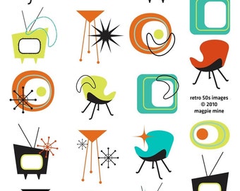 Mid Century Designs Retro Collage Sheet - 1950s 1960s - Household and Abstract Items -Digital Download - Instant Download