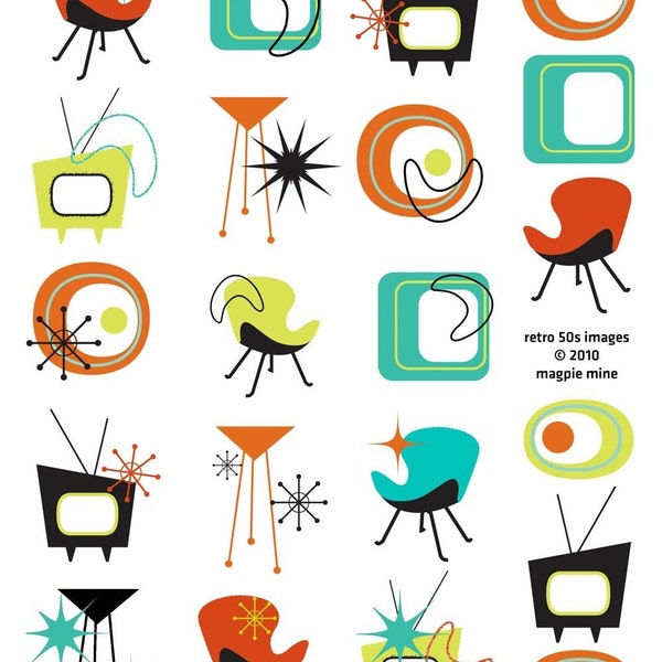 Mid Century Designs Retro Collage Sheet - 1950s 1960s - Household and Abstract Items -Digital Download - Instant Download