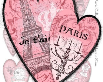 Paris Hearts Collage Sheet - Perfect for Valentines - Instant Download - Digital Download - Pink Black and White Shabby Chic