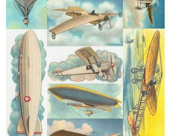 Vintage Air Planes Collage Sheet - Flying Machines, Dirigibles, Blimps, Balloons - Instant Digital Download - Printable