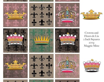 Crowns and Fleur de Lis Collage Sheet - Grunge Background - Instant Download - Printable