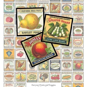 Collage Sheet Eat Your Fruits and Veggies Vintage Vegetable Labels One Inch Squares Instant Download Printable image 1