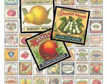 Collage Sheet - Eat Your Fruits and Veggies - Vintage Vegetable Labels - One Inch Squares - Instant Download - Printable