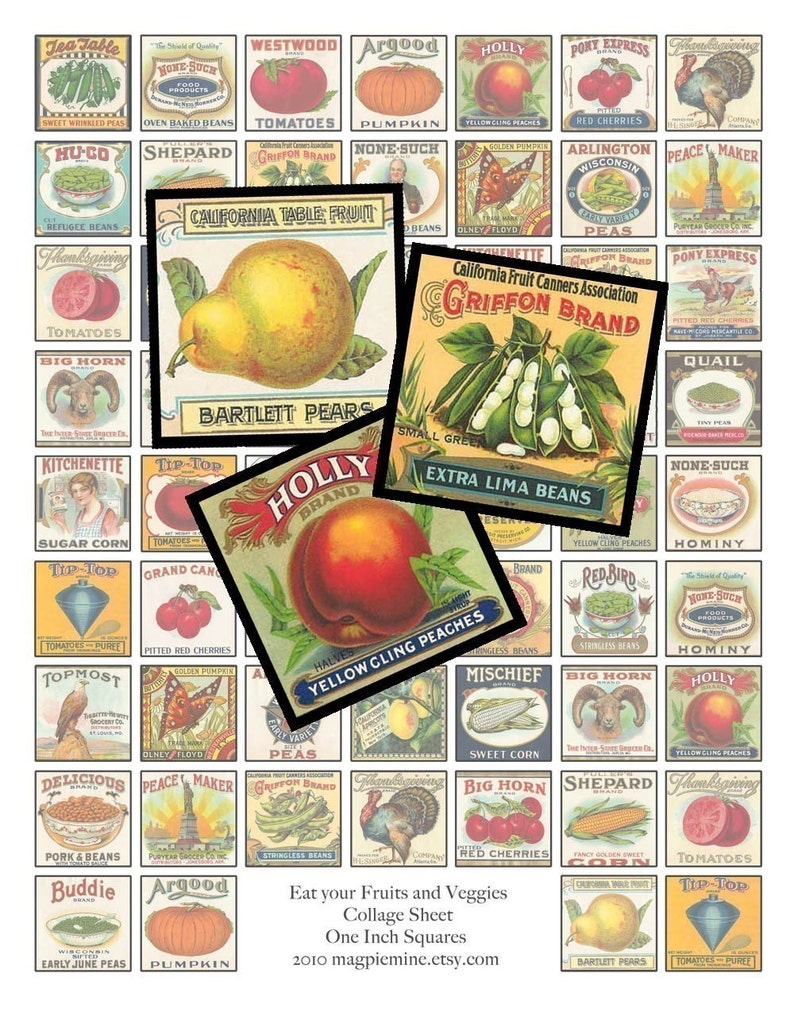 Collage Sheet Eat Your Fruits and Veggies Vintage Vegetable Labels One Inch Squares Instant Download Printable image 1