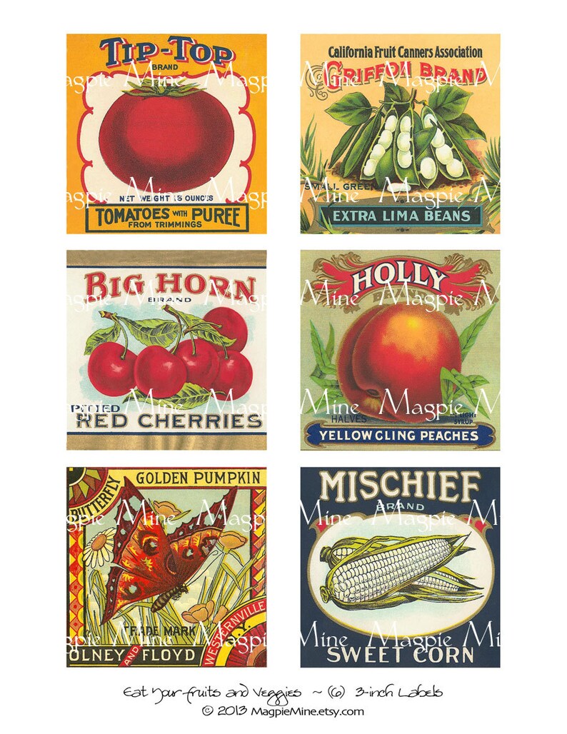 instant download large vegetable labels six vintage labels