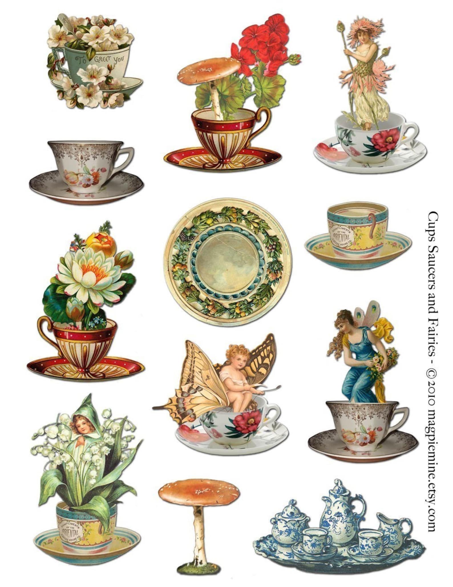 Tea Cups, Saucers and Fairies Collage Sheet Digital Download Printable ...