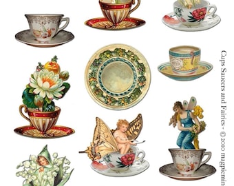 Tea Cups, Saucers and Fairies Collage Sheet - Digital Download - Printable - Instant Download