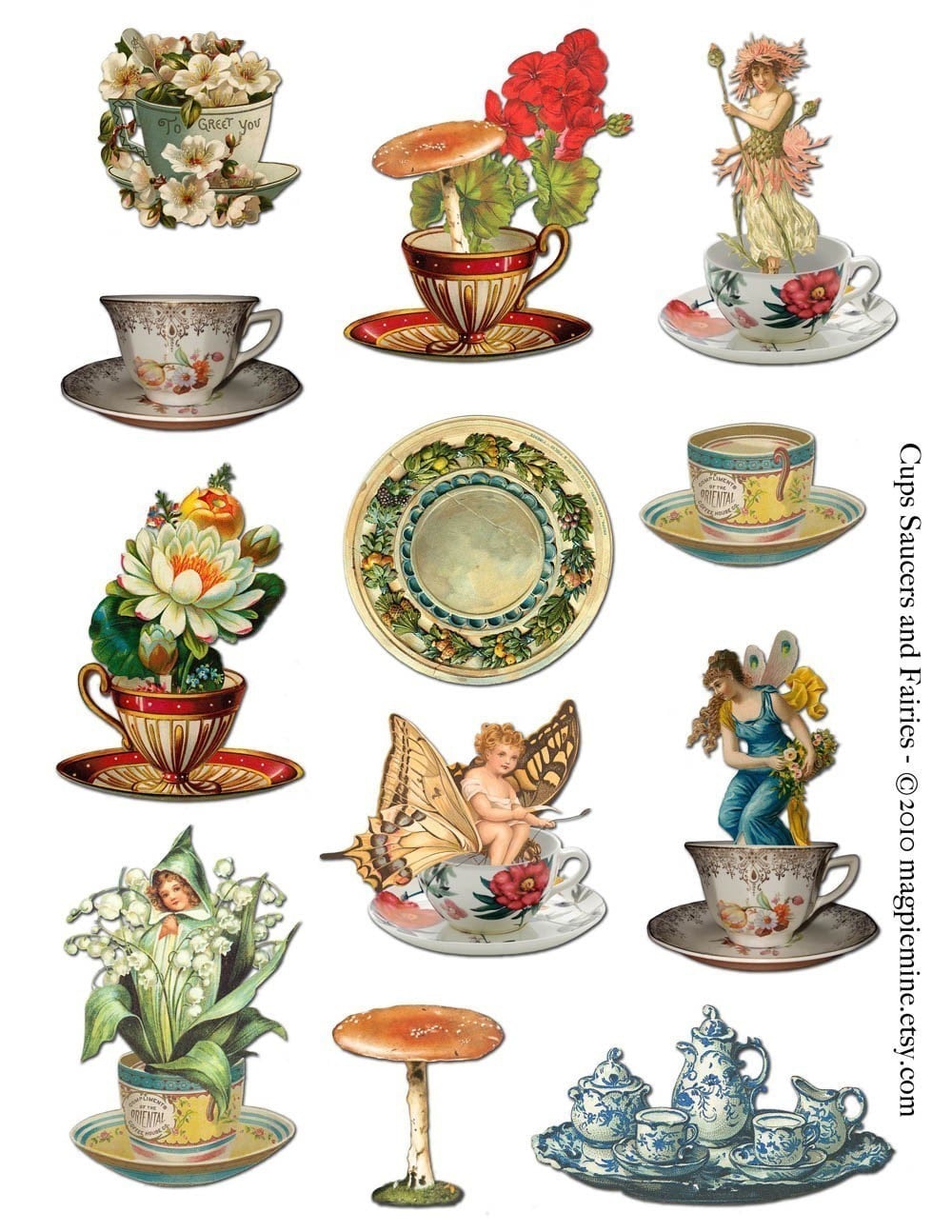 Tea Cups, Saucers and Fairies Collage Sheet Digital Download Printable