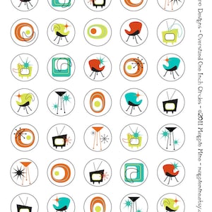 Mid Century One Inch Circles Retro Collage Sheet - Lata 50. Lata 60. - Pobieranie cyfrowe - Natychmiastowe pobieranie