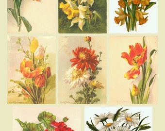 Vintage Flowers Collage Sheet - Postcards - Spring and Summer  - Yellow and Orange - 2.5 x 3.5 ACEO Size - Digital Download - Printable