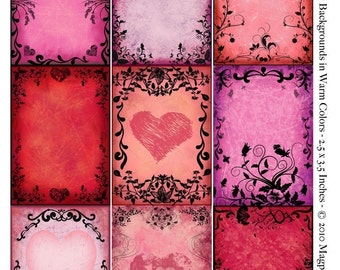 Swirls and Hearts Instant Download - ACEO ATC Backgrounds - Collage Sheet - Warm Reds Pinks and Lavenders - Printable