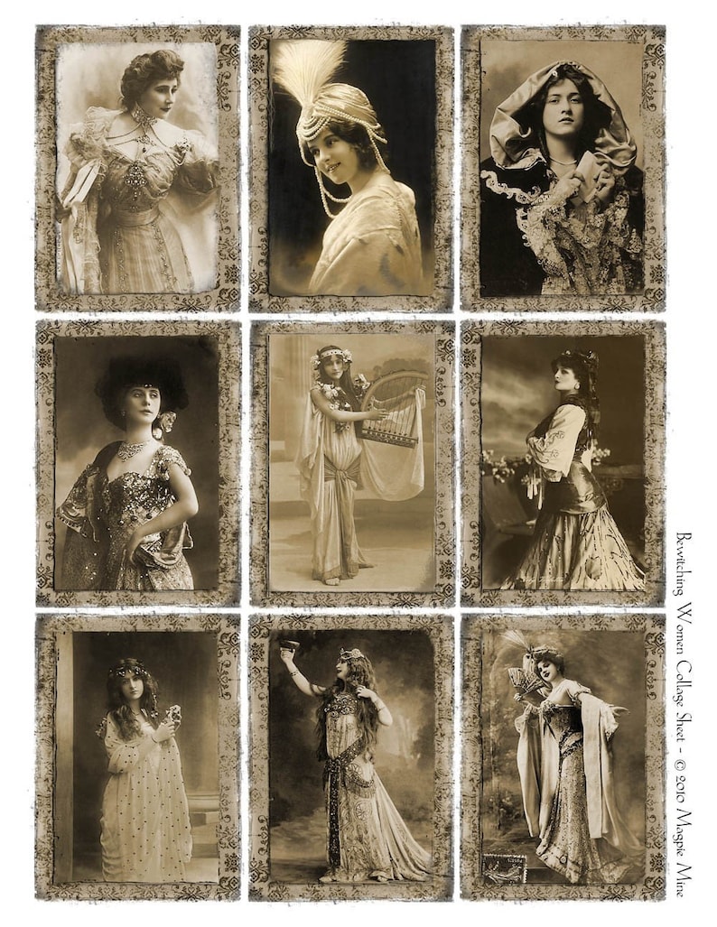 Beautiful Women Rectangles with Grunge Borders ACEO Size Digital Download Printable Collage Sheet Sepia Toned Instant Download image 1