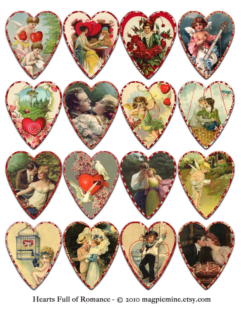 Hearts Full of Romance Digital Collage Sheet Instant Download From Vintage Valentines Download 2 x 2.5 Inch Hearts Printable image 2