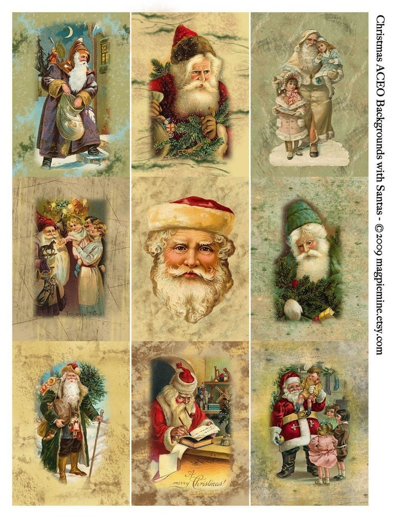 Christmas Santas ACEO Size Digital Download Collage Sheet Instant Download Nine 2.5 x 3.5 Altered Art Victorian Images Printable image 1