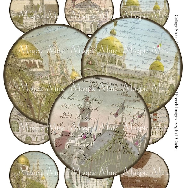French Images and Handwriting - Instant Download - Digital Collage Sheet - 2.25 Inch Circles - ttv - Digital Download - Printable