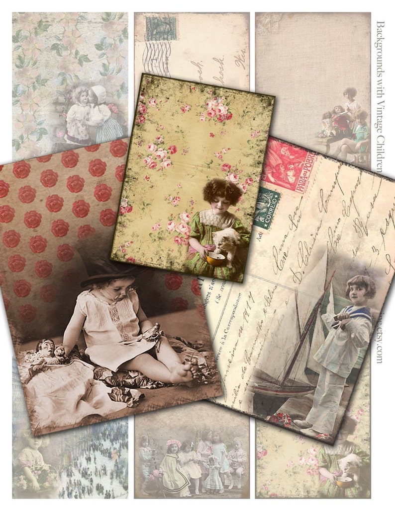 Backgrounds of Children with Dolls, Toys, and Pets Collage Sheet ACEO Size 2.5 x 3.5 Inches Instant Download Printable image 1