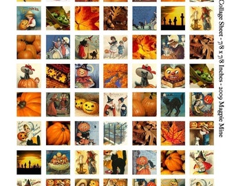 Halloween Squares Collage Sheet - 7/8 Inch - Printable Witches, Pumpkins, Cats, Autumn Images - Instant Download