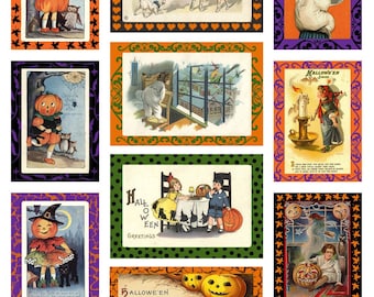 Halloween Collage Sheet - Vintage Images of Children, Pumpkins, Cats - Digital Download - Printable