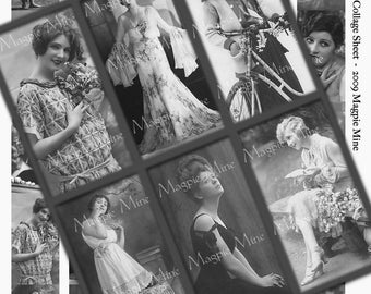 Glamorous Women Collage Sheet - 30 Black and White Images - 1 x 2 Inches - Instant Download - Printable