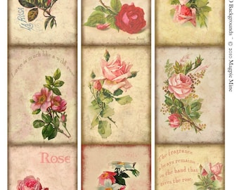 ACEO Background - Instant Download - Aged Paper - Pink Roses -Vintage Roses Collage Sheet - Digital Download - Printable
