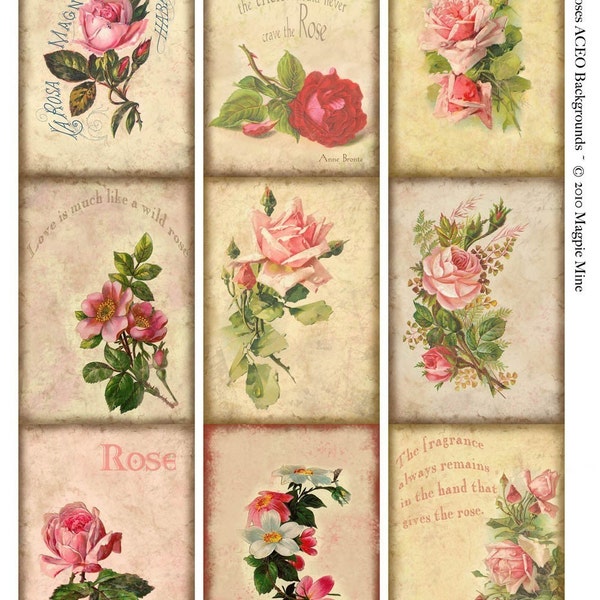 ACEO Background - Instant Download - Aged Paper - Pink Roses -Vintage Roses Collage Sheet - Digital Download - Printable