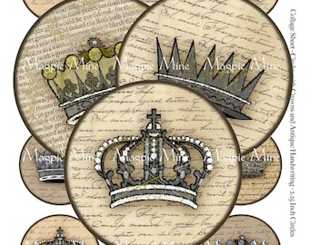 Grungy Crowns and Handwriting Digital Collage Sheet - 2.25 Inch Circles - Instant Download - Stained Vintage Writing - Printable Download