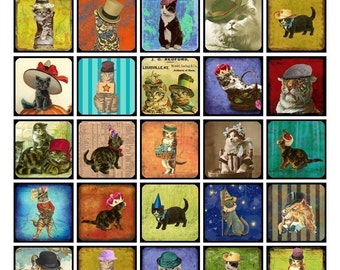 Cats in Hats Collage Sheet - Whimsical Cats - 1.5 x 1.5 Squares - Digital Download - Printable