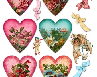 Romantic Hearts and Flowers Collage Sheet with Hearts, Cherubs, Angels, and Bows - Instant Download - Printable