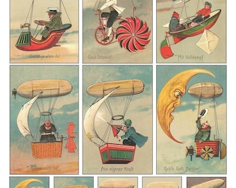 Unusual Blimps Collage Sheet - Humorous Vintage German Cards - Digital Download - Printable