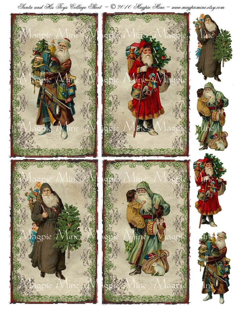 Santa's Toys Collage Sheet Victorian Santa Claus on Antiqued Tags Toys St. Nicholas Christmas Instant Download Printable image 1